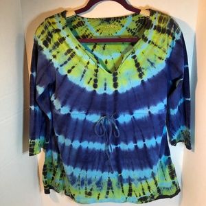 Blue & Green Tie Dye Quarter Sleeve V Neck Shirt M